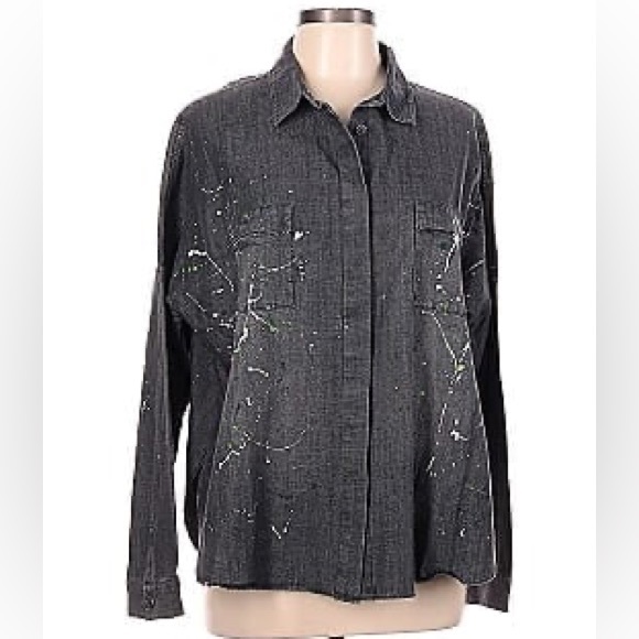 NWT Lisa Todd Black Denim Splatter Painted 100% Cotton Button Down Shirt